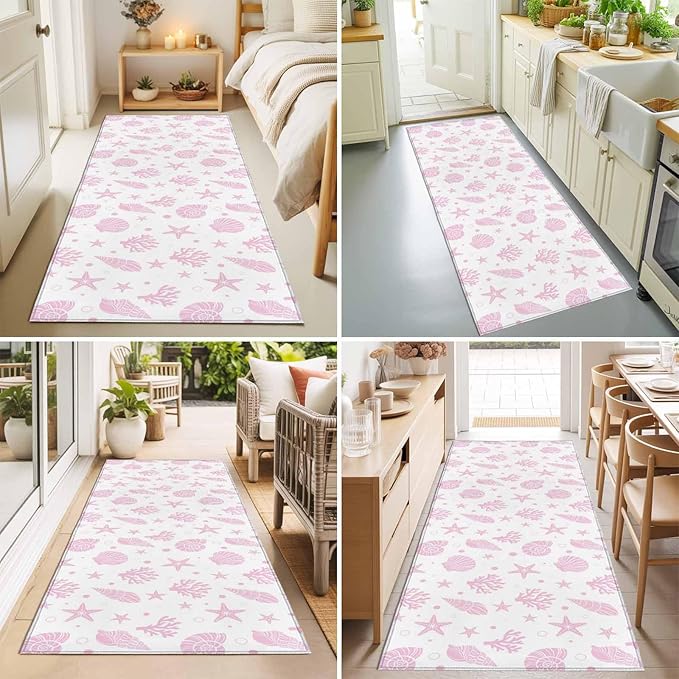 Runner Rug for Bedroom Hallway, Pink Ocean Shell Conch Coral Starfish Kitchen Runner Rugs Area Rug 2x6ft, Summer Marine Theme Washable Soft Floor Carpet for Entryway Stair