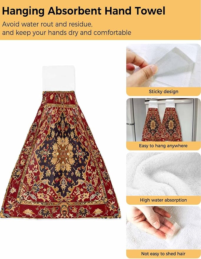 Alandar Home Kitchen Tie Towel Set of 2, Floral Leaves Frames Vintage Mid Century Afghan Black Wheat Red Absorbent Soft Hand Towels for Bathroom Hanging Towels, Fast Drying Cleaning Cloth with Loop