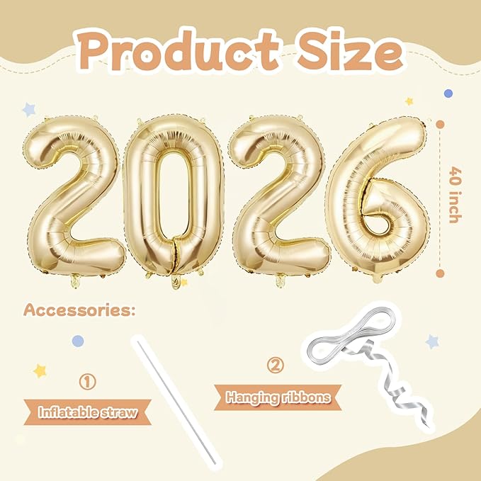 Champagne Gold 2026 Balloons, Jumbo 40 Inch Foil 2026 Number Balloons, Grad Balloons for Class of 2026 Graduation Party, Champagne Gold Matellic Foil New Year Birthday Home Office Party Supplies