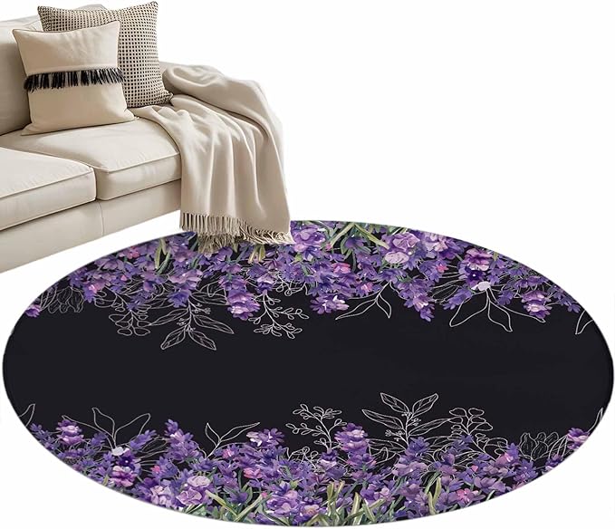 Washable Round Area Rug Spring Purple Lavender Flower Circle Rugs Floor Carpet for Living Room Bedroom, Watercolor Floral on Black Soft Non Slip Round Rug 3ft