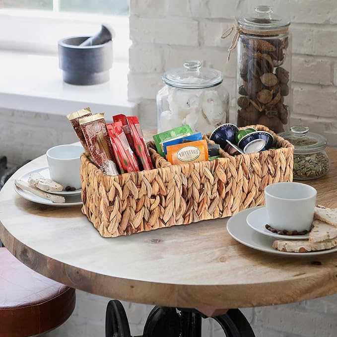 BTSKY Handwoven Remote Control Holder for Table, Natural Water Hyacinth Remote Control Caddy Small Wicker Storage Basket, 3-Compartment Office Supplies Desk Organizer Rustic Makeup Brushes Holder