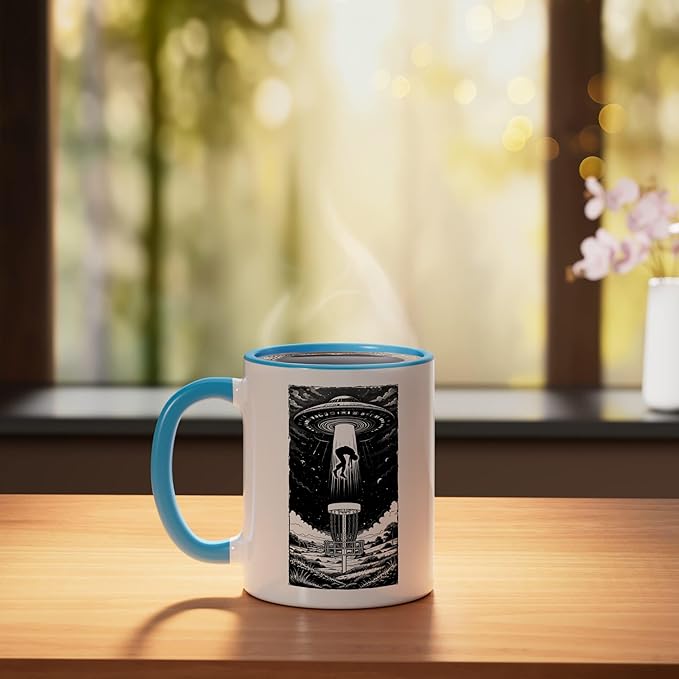 Disc Golf UFO Funny Flying Saucer Alien Abduction Basket Ceramic Mug, Blue/White