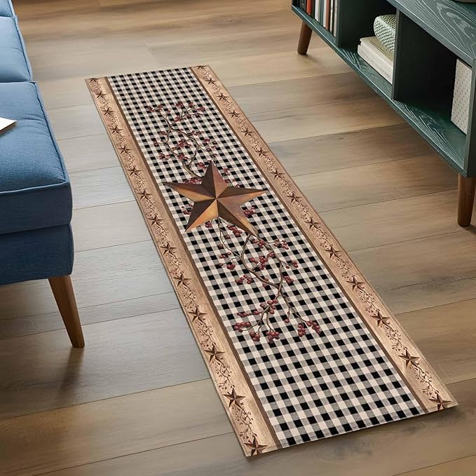 Brown Texas Star Retro 2x6 Kitchen Runner Rug, Country Star Non-Skid Rubber Backing Large Rectangle Rugs - Living Room Bedroom Home Office, Black White Plaid Wood Indoor Floor Mat Carpets Washable Rug