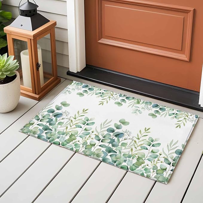 Sage Green Eucalyptus Leaves 2x3 Door Mat Rug, Farmhouse Botanical Non-Skid Rubber Backing Large Rectangle Rugs - Living Room Bedroom Home Office, Country Indoor Floor Mat Carpets Washable Rug