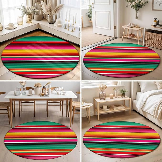 Washable Round Area Rug Vintage Mexican Stripes Abstract Circle Rugs Floor Carpet for Living Room Bedroom, Native American Stripe Soft Non Slip Round Rug 5ft