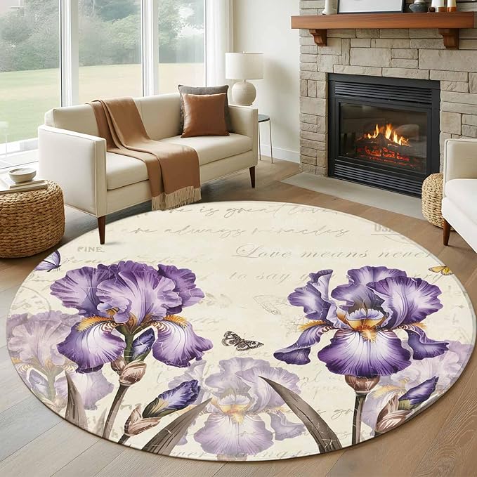 Washable Round Area Rug Pastoral Purple Flower Watercolor Circle Rugs Floor Carpet for Living Room Bedroom, Country Botanical Butterflies Soft Non Slip Round Rug 5ft