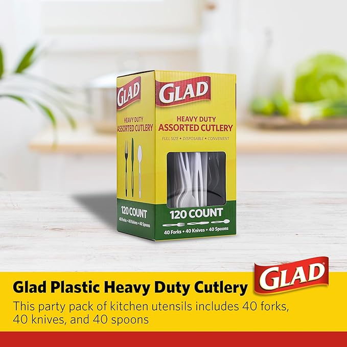 Glad Disposable Cutlery Set with Heavy Duty Plastic Forks, Knives, and Spoons, Reusable Dishwasher Safe Plastic Utensils for Parties and Everyday Use - Green, White, & Black, 120 Count
