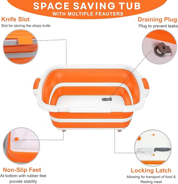 Collapsible BBQ Prep Tub 8L Orange | Portable Meat Marinating Container with Locking Cutting Board Lid, BBQ Tongs, Grill Mesh, Silicone Brush & 3 Roasting Sticks for Camping & Outdoor Grilling
