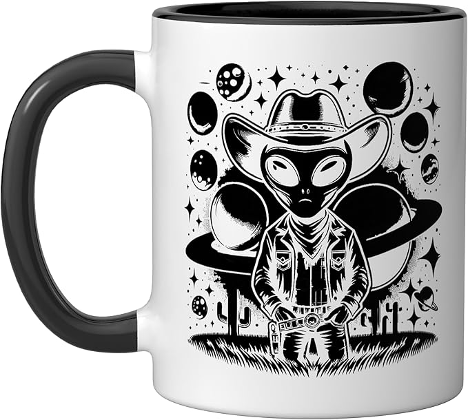 Alien Lover Flying Saucer UFO Extraterrestrial Cowboy Ceramic Mug, Black/White
