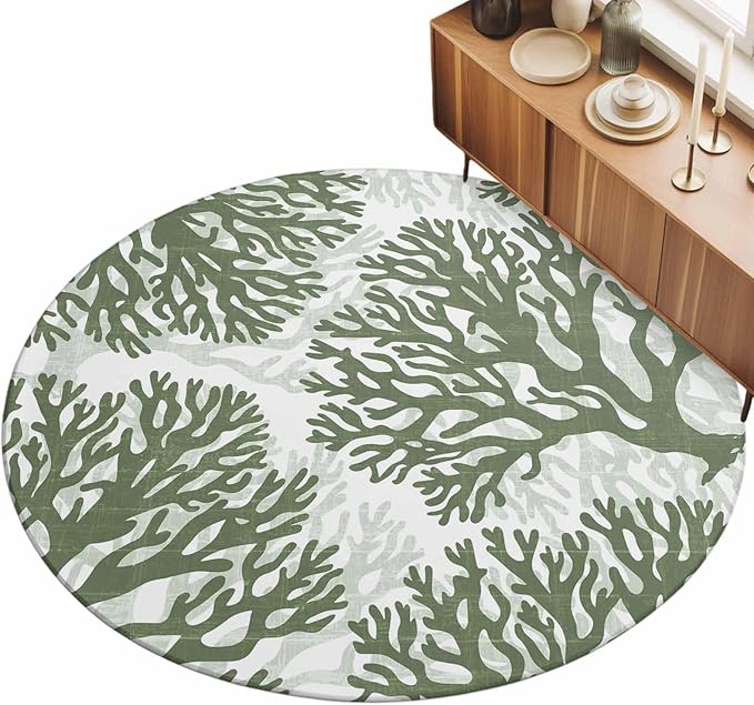 Washable Round Area Rug Deep Forest Green Corals Circle Rugs Floor Carpet for Living Room Bedroom, Retro Marine Life Soft Non Slip Round Rug 5ft
