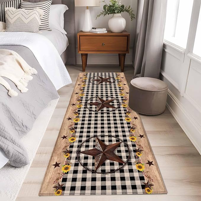 Runner Rug for Bedroom Hallway, Western Star Farm Sunflower Kitchen Runner Rugs Area Rug 2x6ft, Vintage Wood Grain Black Buffalo Plaid Washable Soft Floor Carpet for Entryway Stair