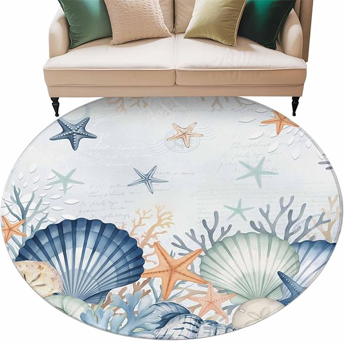 Washable Round Area Rug Underwater Shells Starfish on Blue Circle Rugs Floor Carpet for Living Room Bedroom, Colorful Coral Soft Non Slip Round Rug 5ft