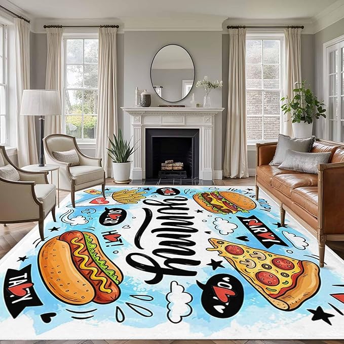 Area Rug 8x10ft, Cartoon Food Abstract Graffiti Washable Rugs for Living Room Bedroom, Blue Sky with Clouds Soft Non-Slip Area Rugs Rectangle Floor Carpet for Dining Room