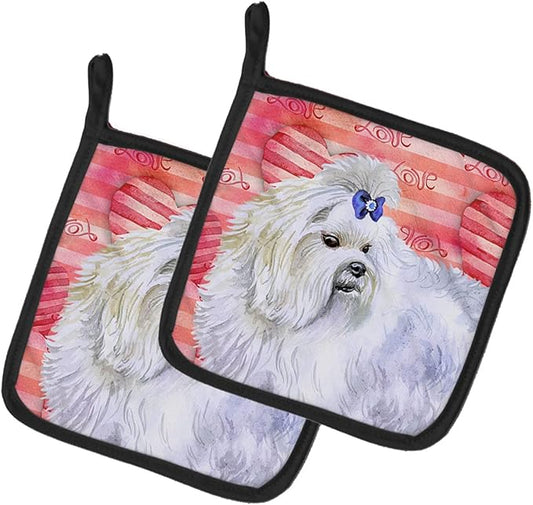 Caroline's Treasures BB9738PTHD Maltese Love Pair of Pot Holders, Red Kitchen Heat Resistant Pot Holders Sets Oven Hot Pads for Cooking Baking BBQ, 7 1/2 x 7 1/2