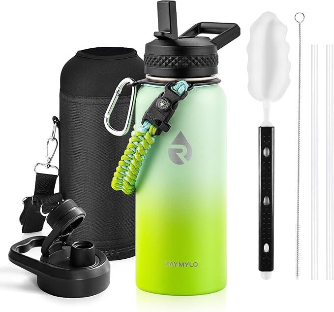 RAYMYLO Insulated Water Bottle 32 oz, Triple Wall Vacuum Stainless Steel (Cold for 24Hrs, Hot for 12Hrs), Leak Proof & Non-BPA, Modern Water Flask Jug with Paracord Handle & Straw Spout Lids