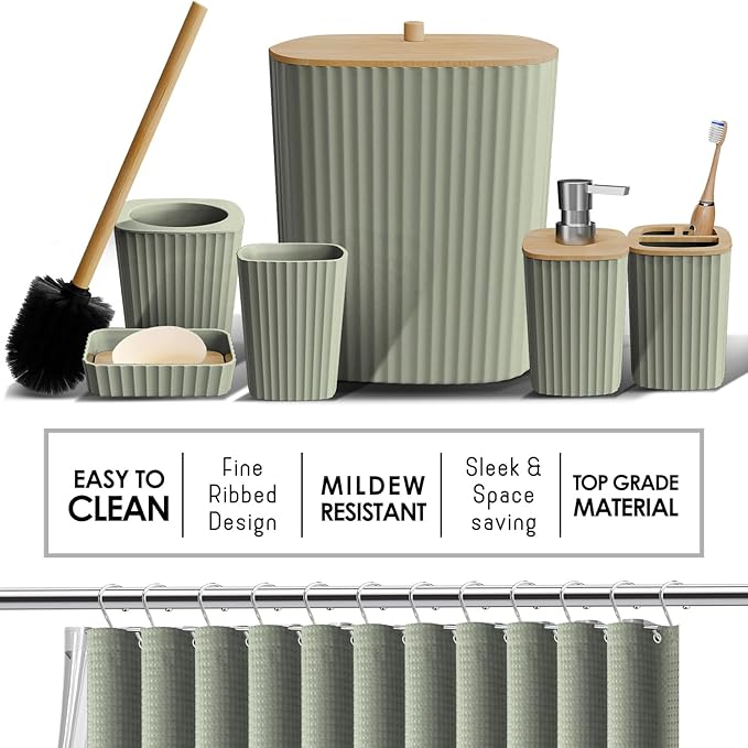 Clara Clark Bathroom Accessories Set - Bathroom Set, Bathroom Sets with Shower Curtain and Rugs, Shower Curtain Set with Trah Can - Ombre Sage Green - 22PC