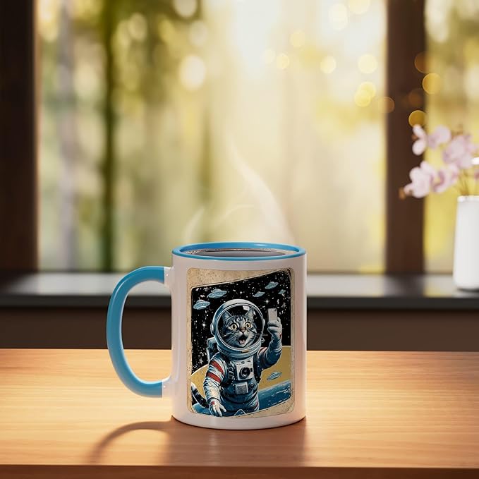 Space Cat Astronaut UFO Funny Sci-fi Alien Selfie Ceramic Mug, Blue/White