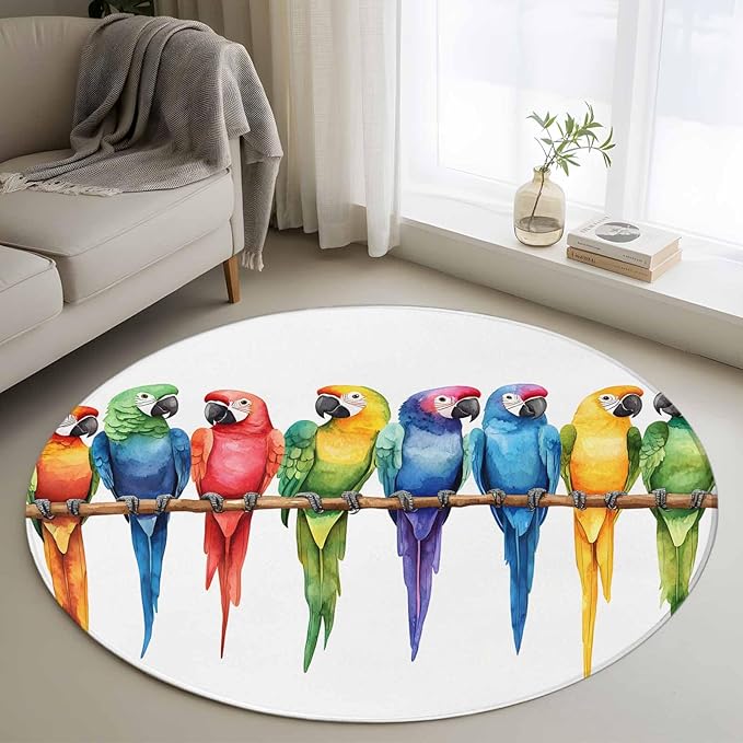 Washable Round Area Rug Funny Watercolor Parrot Circle Rugs Floor Carpet for Living Room Bedroom, Red Green Blue Gradient Bird Soft Non Slip Round Rug 3ft