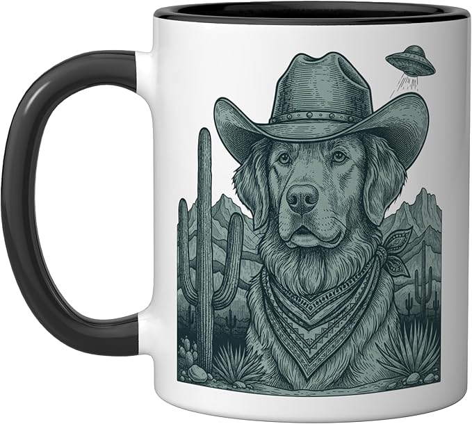 Cowboy Golden Retriever With Ufo Western Dog Art Ceramic Mug, Black/White