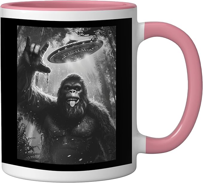 Funny Sasquatch Bigfoot Rock On Selfie with UFO Alien Saucer Ceramic Mug, Pink/White