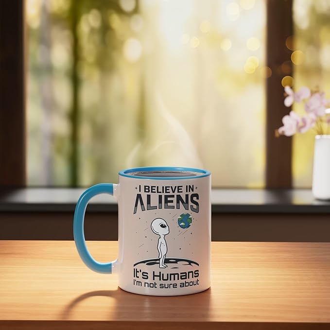Alien Believer UFO Extraterrestrial Space Lover Ceramic Mug, Blue/White