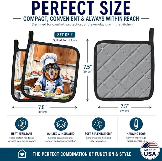 Caroline's Treasures Tibetan Mastiff The Chef Pair of Pot Holders Kitchen Heat Resistant Pot Holders Sets Oven Hot Pads for Cooking Baking BBQ, 7 1/2 x 7 1/2