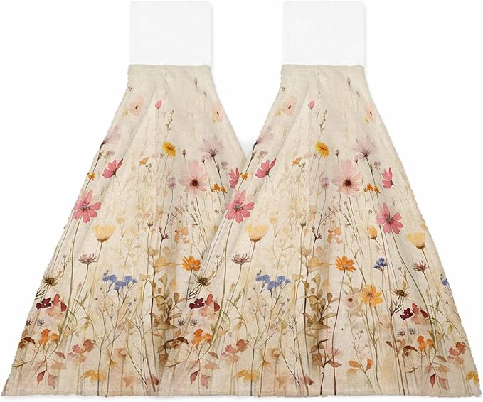Alandar Home Kitchen Tie Towel Set of 2, Watercolor Natural Flower Art Absorbent Soft Hand Towels for Bathroom Hanging Towels, Retro Floral Leaves on Burlap Fast Drying Cleaning Cloth with Loop
