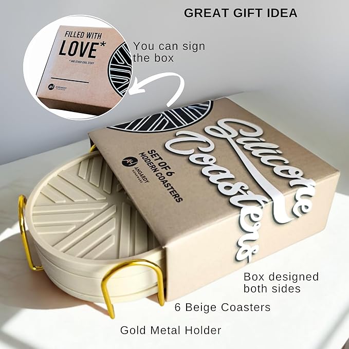 Silicone Drinks Coasters Set of 6 - with Gold Holder, smart Modern Grooved Pattern to Prevent Sticking from Cups, Protecs to Coffee Tables, Boho Vintage Home Office bar Decor - Beige
