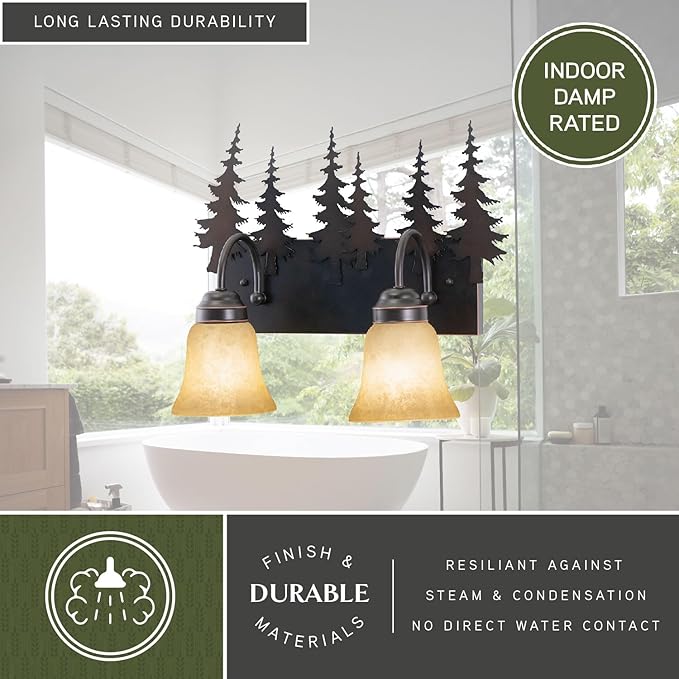 VAXCEL Yosemite 2-Light 16.75 inch Wide Burnished Bronze Rustic Cabin Bathroom Vanity Lighting Fixture, Amber Flake Glass Shade, Tree Motif, Dimmable, LED Compatible, Over the Mirror Wall Mounted