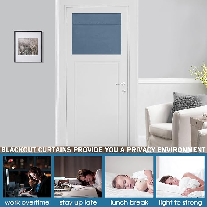 WdFour French Door Curtain, Window Blackout Curtain, Suitable for Front Doors, Side Doors, Door and Window Covers with Insulation and Thermal Insulation Functions.（ 25W x 20L”, 1 Panel, Stone Blue）.