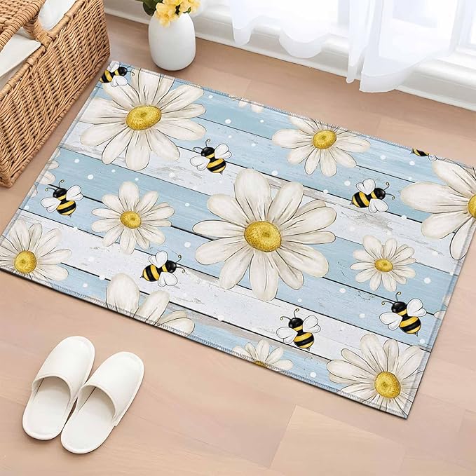 Area Rug 2x3ft, Watercolor White Daisy Floral Bee Washable Rugs for Living Room Bedroom, Rustic Light Blue Wood Plank Soft Non-Slip Area Rugs Rectangle Floor Carpet for Dining Room
