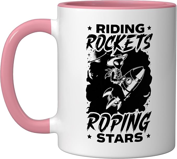 Alien Lover Flying Saucer UFO Extraterrestrial Cowboy Ceramic Mug, Pink/White