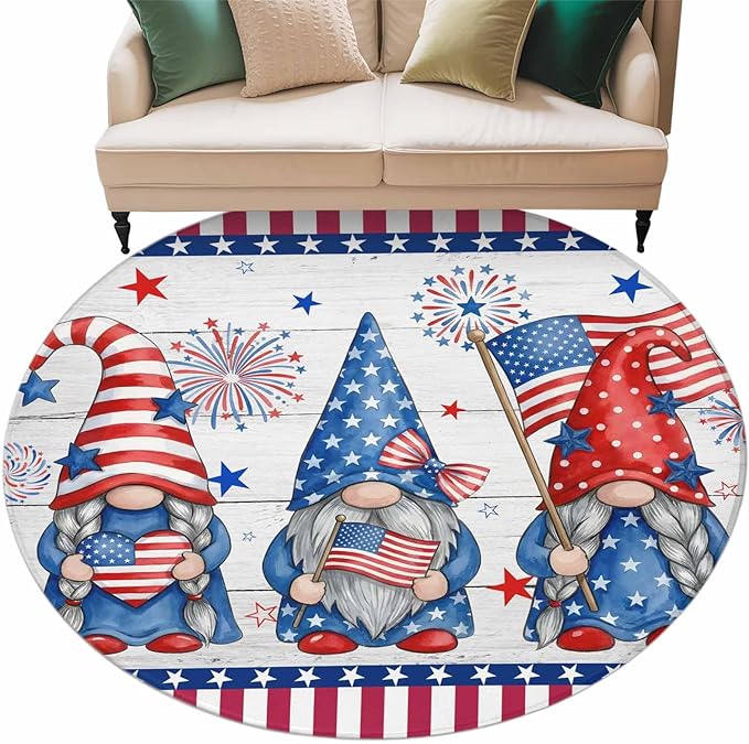 Washable Round Area Rug Independence Day USA Flag Star Dwarf Circle Rugs Floor Carpet for Living Room Bedroom, Stripes on Wood Grain Soft Non Slip Round Rug 5ft