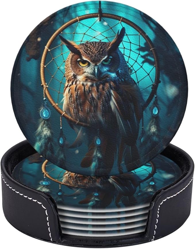 Famame 6 Pcs Owl Vintage Dream Catcher Leather Coasters for Drinks with Holder Coaster Sets Drink Table Cup Coasters for Living Room Kitchen Coffee Decor