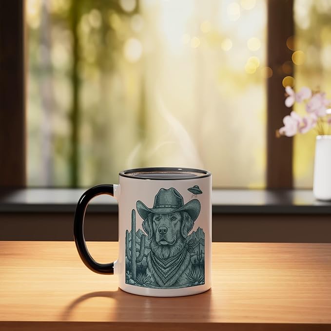 Cowboy Golden Retriever With Ufo Western Dog Art Ceramic Mug, Black/White
