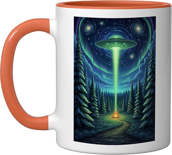 UFO in Forest Campfire Nature Camping Flying Saucer UAP Ceramic Mug, Orange/White