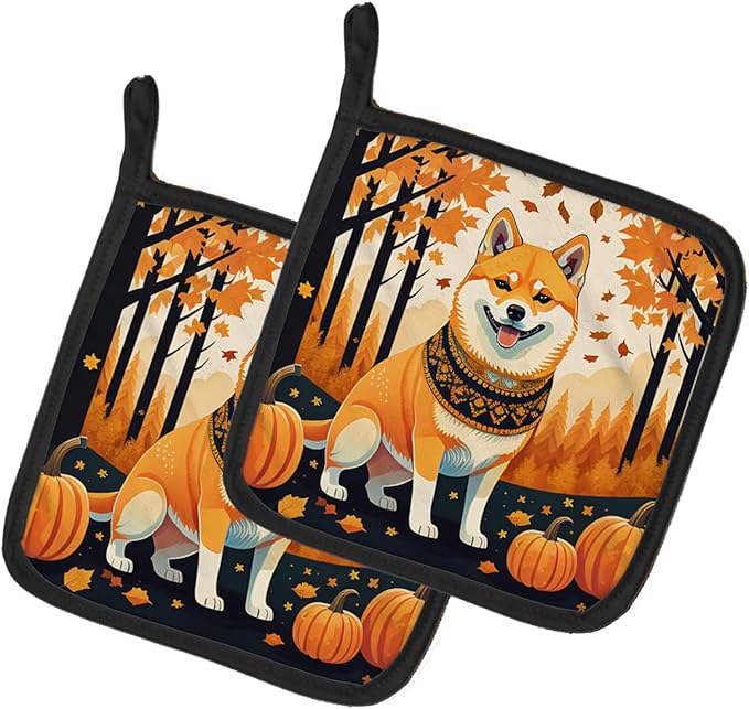 Caroline's Treasures DAC1072PTHD Shiba Inu Fall Pair of Pot Holders Kitchen Heat Resistant Pot Holders Sets Oven Hot Pads for Cooking Baking BBQ, 7 1/2 x 7 1/2