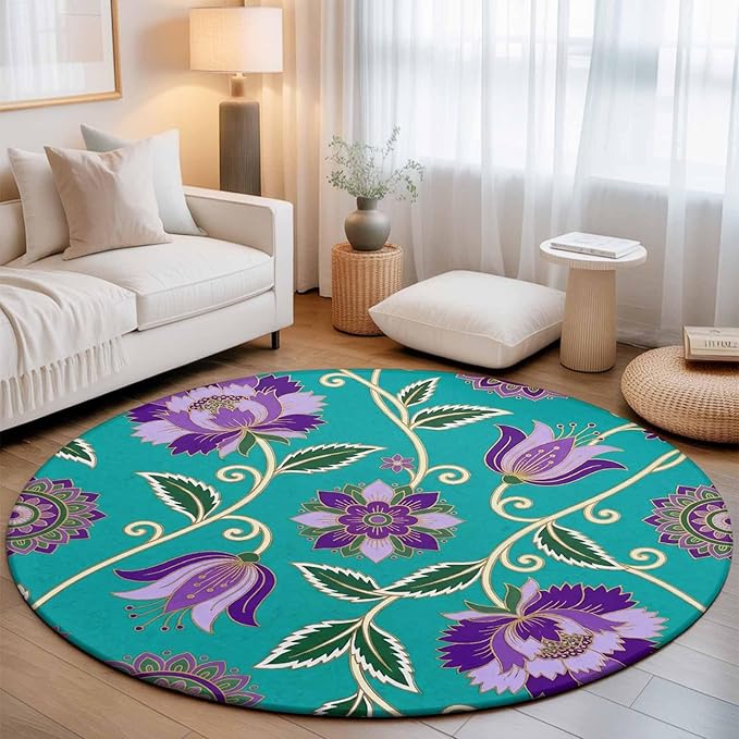 Washable Round Area Rug Bohemian Purple Flowers Circle Rugs Floor Carpet for Living Room Bedroom, Paisley Floral Art Soft Non Slip Round Rug 5ft