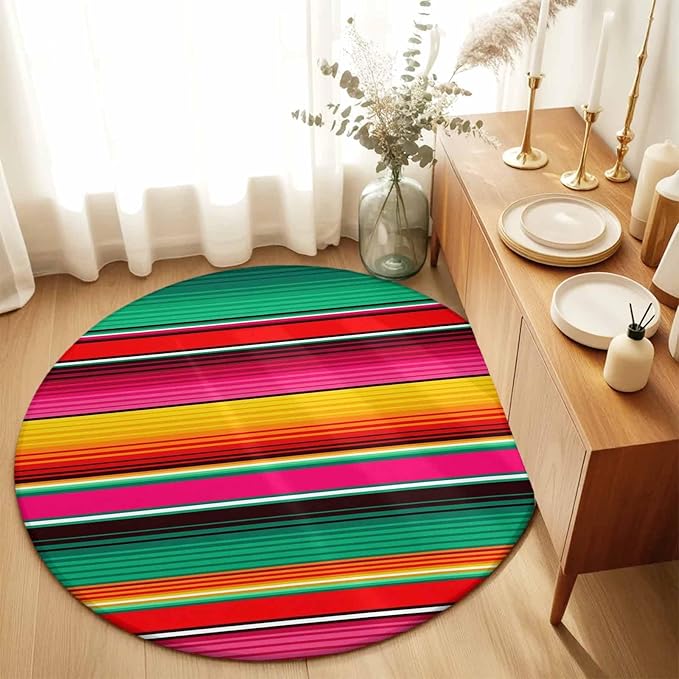 Washable Round Area Rug Vintage Mexican Stripes Abstract Circle Rugs Floor Carpet for Living Room Bedroom, Native American Stripe Soft Non Slip Round Rug 5ft