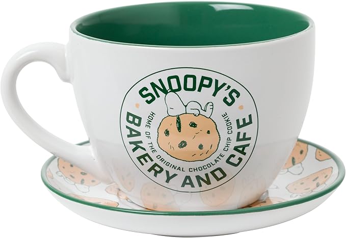 Silver Buffalo Peanuts Snoopy's Bakery and Cafe Cookie Pattern Oversized Ceramic Teacup and Saucer Set, 22 Ounces