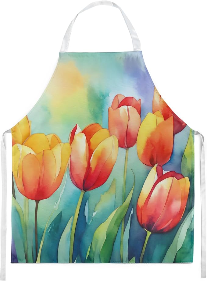 Caroline's Treasures Tulips in Watercolor Apron Cooking Kitchen Server Baking Crafts Gardening for Adult Women Men, Unisex, Large, Multicolor
