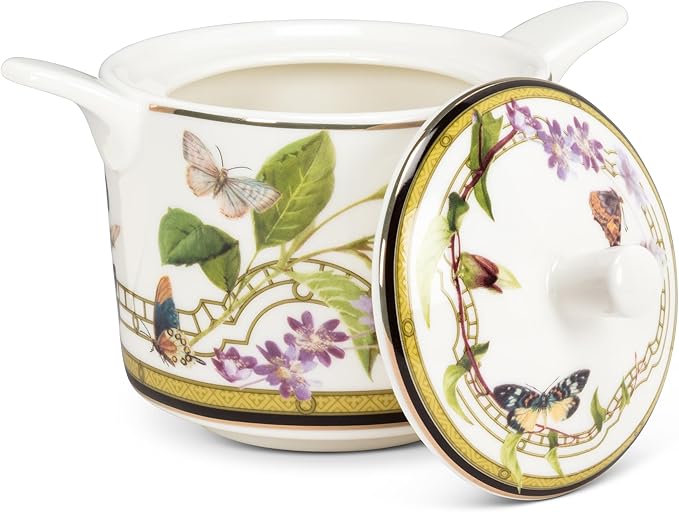 Abbott Collection Butterfly Garden Sugar Pot - Bone China, White/Green (4"H)