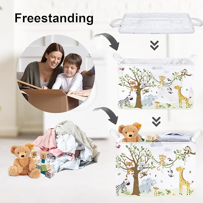 Clastyle 36L Woodland Vine Animal Tree Nursery Decor Baby Basket Collapsible Rectangle Giraffe Monkey Tiger Clothes Toy Book Shelf Basket
