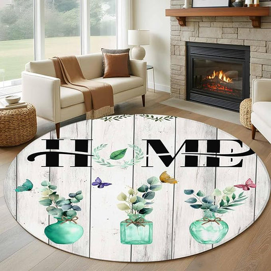 Washable Round Area Rug Summer Eucalyptus Leaf Colorful Butterfly Circle Rugs Floor Carpet for Living Room Bedroom, Home Text Wood Plank Soft Non Slip Round Rug 5ft