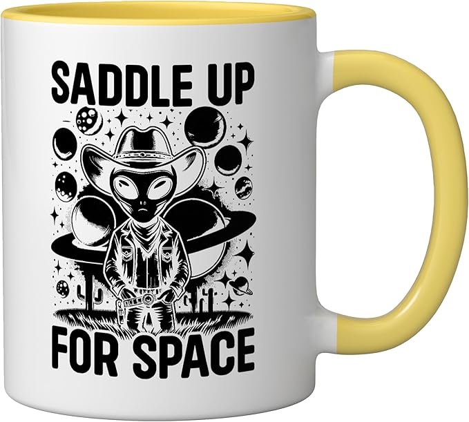 Alien Lover Flying Saucer UFO Extraterrestrial Cowboy Ceramic Mug, Yellow/White