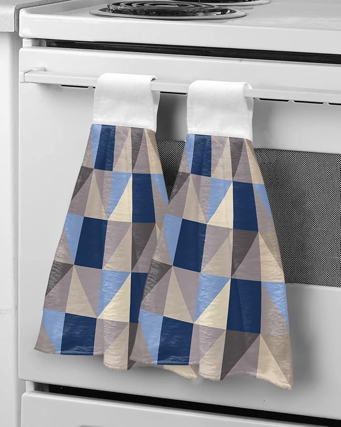 Alandar Home Kitchen Tie Towel Set of 2, Splicing Geometric Art Absorbent Soft Hand Towels for Bathroom Hanging Towels, Blue Grey Khaki Triangle and Square Fast Drying Cleaning Cloth with Loop