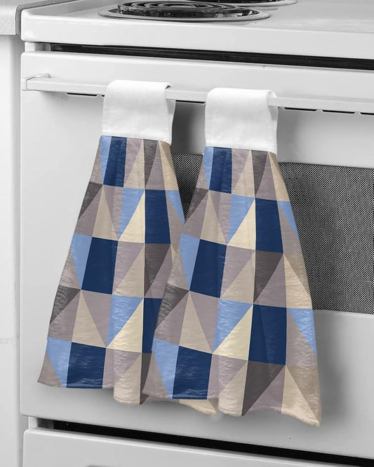 Alandar Home Kitchen Tie Towel Set of 2, Splicing Geometric Art Absorbent Soft Hand Towels for Bathroom Hanging Towels, Blue Grey Khaki Triangle and Square Fast Drying Cleaning Cloth with Loop