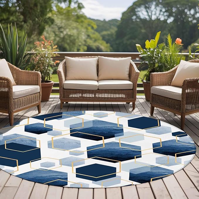 Washable Round Area Rug Watercolor Blue Hexagon Circle Rugs Floor Carpet for Living Room Bedroom, Abstract Geometric Art Soft Non Slip Round Rug 5ft