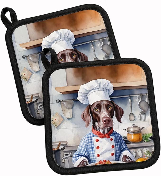 Caroline's Treasures German Shorthaired Pointer The Chef Pair of Pot Holders Kitchen Heat Resistant Pot Holders Sets Oven Hot Pads for Cooking Baking BBQ, 7 1/2 x 7 1/2