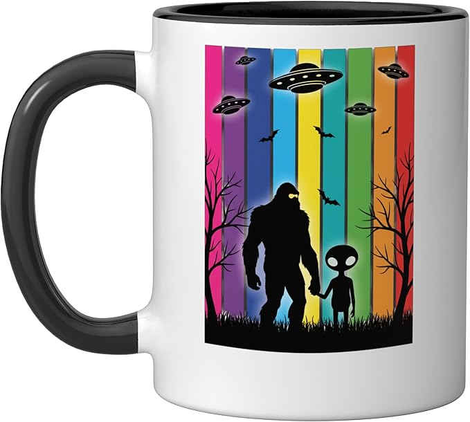 Bigfoot Holding Hands With Alien Ufo Rainbow Sci Fi Ceramic Mug, Black/White